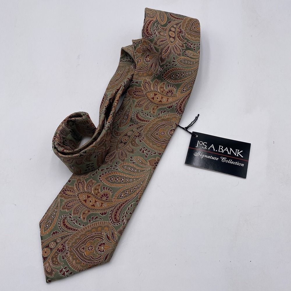 Jos. A Bank Signature Collection Men's Gold Green Paisley Silk Neck Tie 59X3 NEW